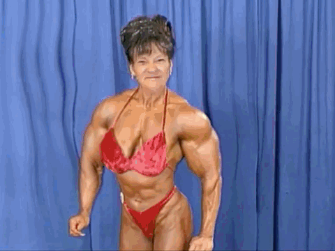Skinny granny flexes muscles does